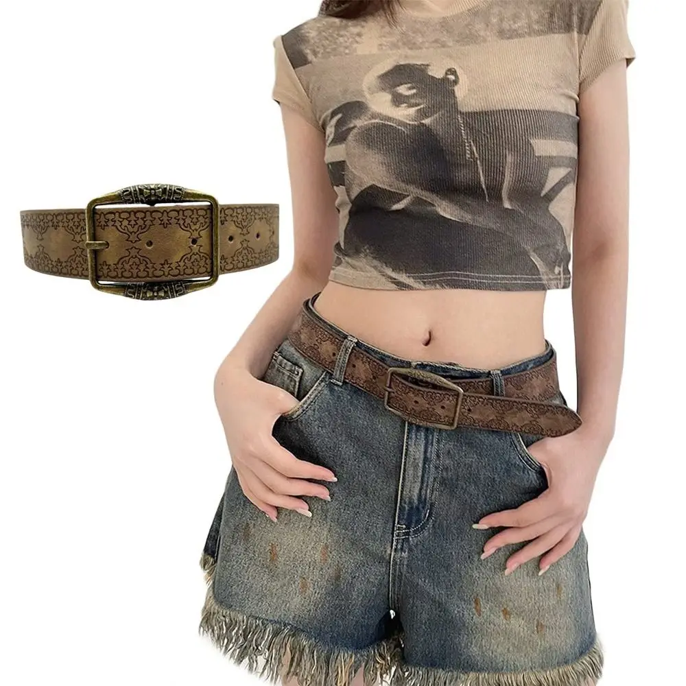 Fashion PU Y2K Retro Belt National Wind PU Pin Buckle Waistband Senior Sense Brown Wide Jeans Belt