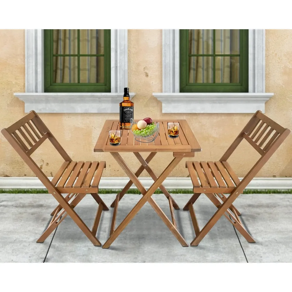 Bistro Set 3 Piece Outdoor Folding Patio Chairs Wooden Folding Chairs, Bistro Cafe Table and Chairs Set of 2 Small Patio Set