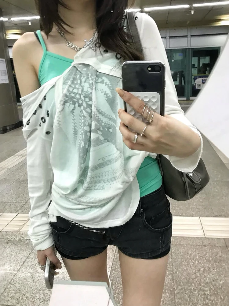 Weird Puss Fashion 2 Tops Solid Simple Camisole+Skew Collar Full Sleeve Print Ring Decoration Irregular t-Shirt Summer Suit