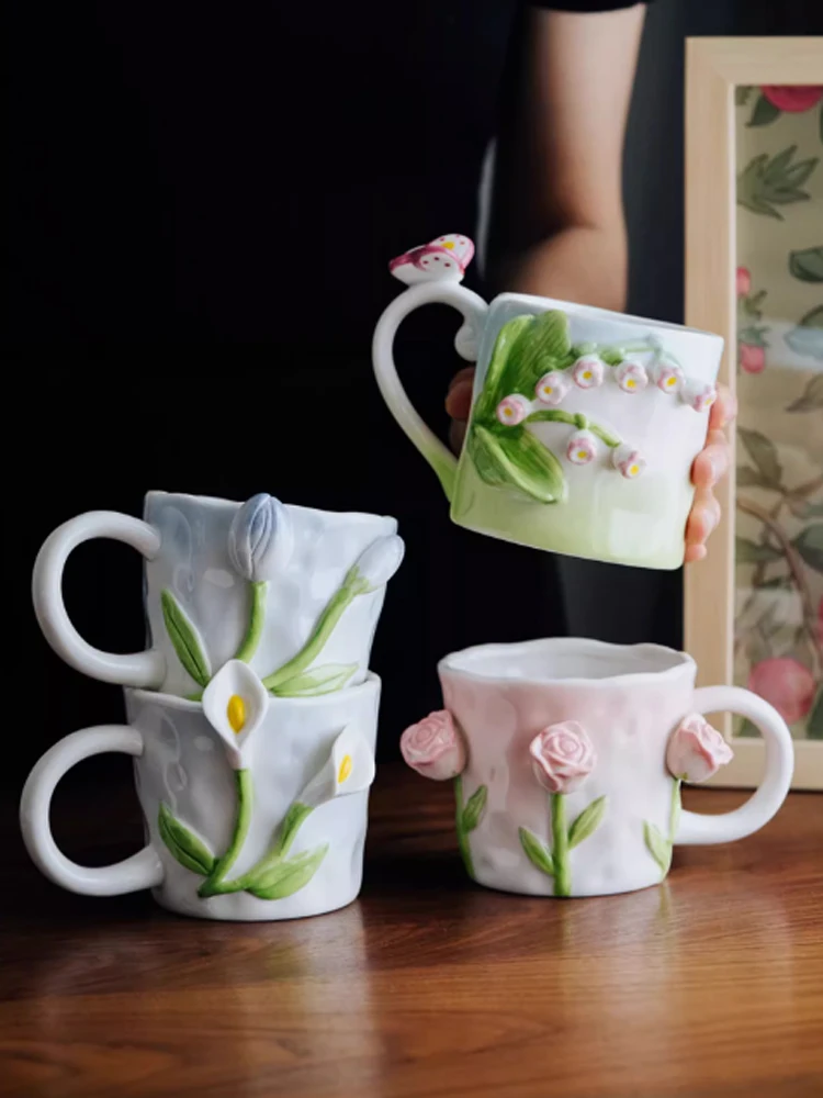 AhunderjIaz-Tulip Ceramic Mug, Handmade Floral Relief Design, Creative Rose Mug, Kitchen Drinkware Set, Home Decoration