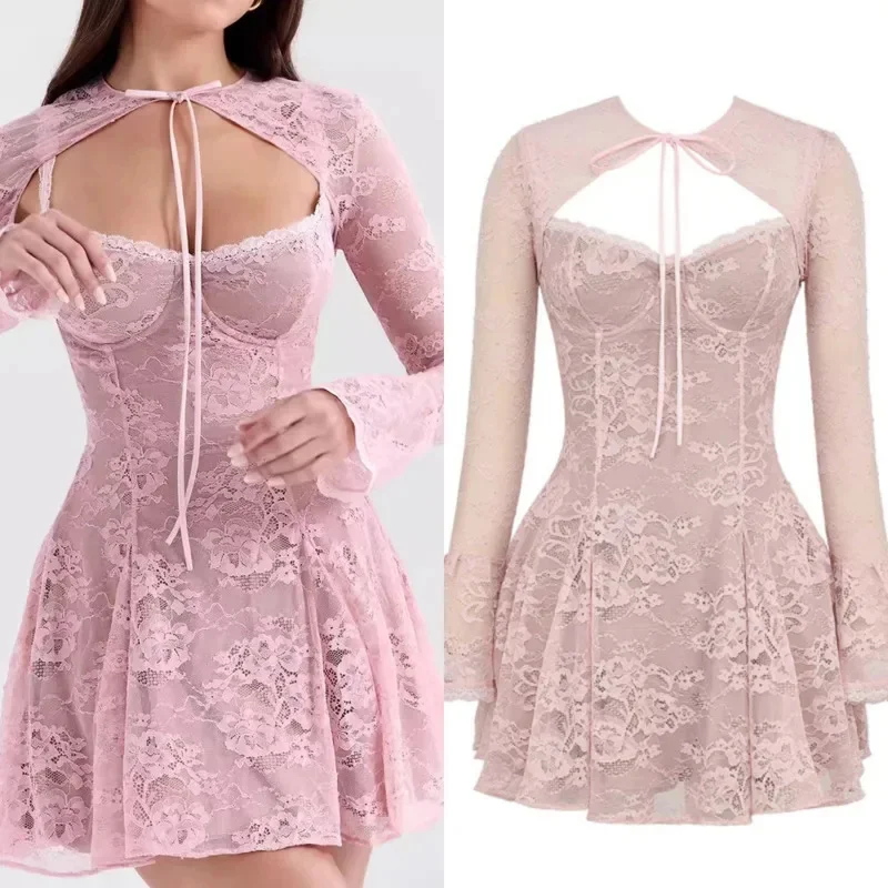 

Lace Trumpet Dress Bow Tie Tied Dress Autumn Women Sexy Japan America Dress Set Sling Skirt Sleeve A-line Long Sleeved Dress New