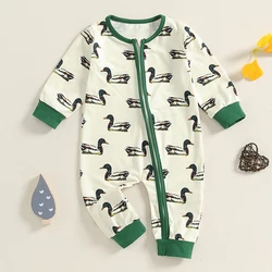 0-24M Baby Boys Girls Jumpsuits Long Sleeve Round Neck Duck All-over Print Rompers Newborn Pajamas