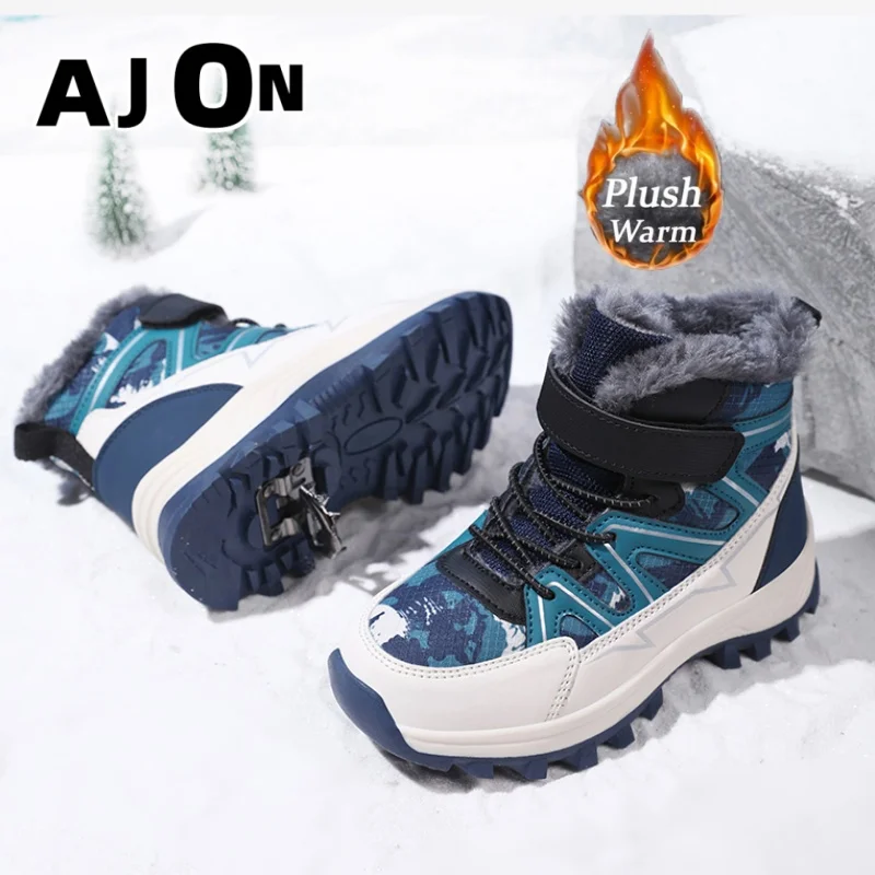 

Winter children's high-top waterproof outdoor boys hiking shoes steel claw anti-slip snow boots plush lining children's boots