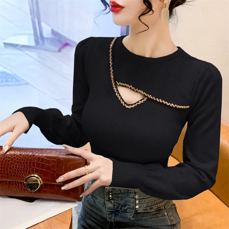 2024 New Fall Winter European Clothes Knitted Sweater Chic Sexy O-Neck Hollow Out Beading Women Long Sleeve Elastic Tops 41050