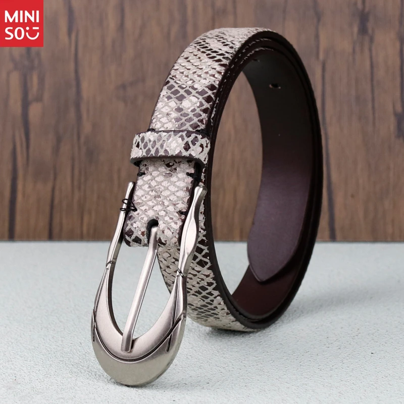 حزام Miniso Buckle Snake Print، حزام خصر من الجلد الطبيعي للنساء والرجال، أنيق وبسيط