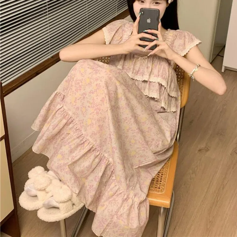 Ruffle Women Nightgown Sleepwear Lace Short Sleeve Night Dress Summer Bow Night Wears Korean Square Collar One Piece Pajamas New