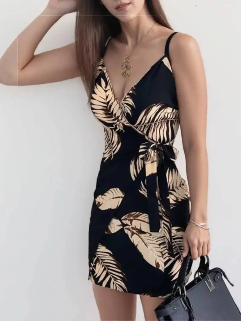 Vestido feminino sexy com decote em v, alça espaguete, vestido de festa slim fit com cinto, vestidos de coquetel de verão VYG0