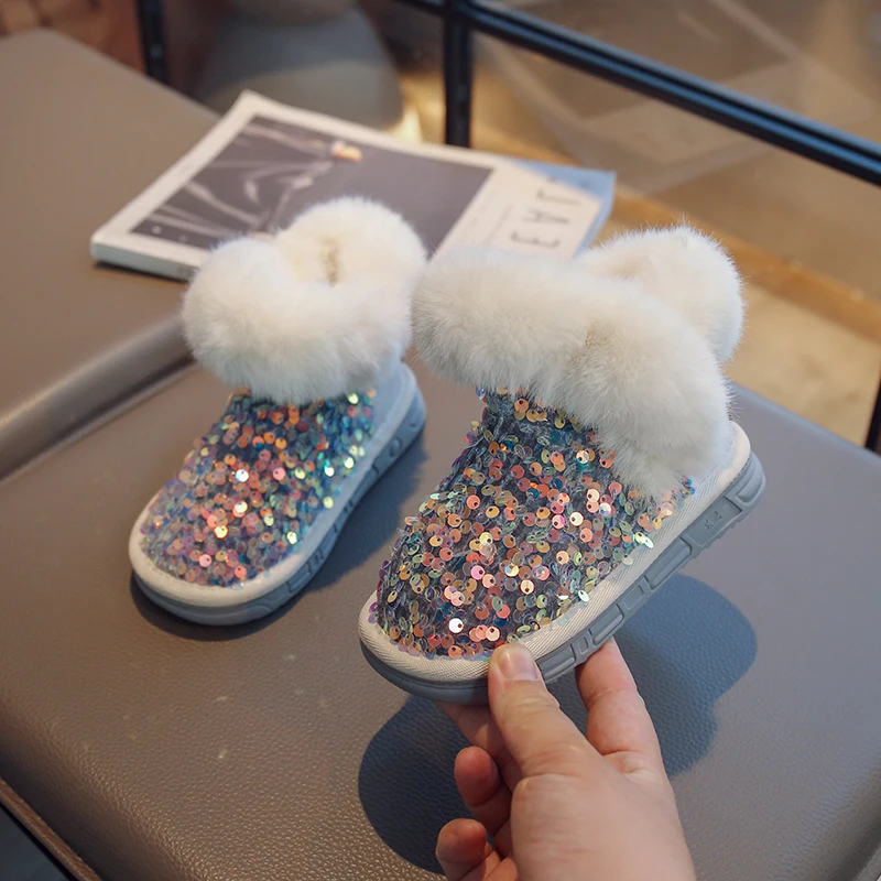 Little Kid Sequins Snow Boots Girl Soft Plush Slip On Shoes 2022 Winter Baby Child Warm Outside Walk Skiing Boot 23-36