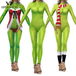 VIP FASHION Women Christmas Costume Green Monster Disguise Wear Xmas Cosplay Bodysuit Carnival Purim Dress Up Suit Party Clothes