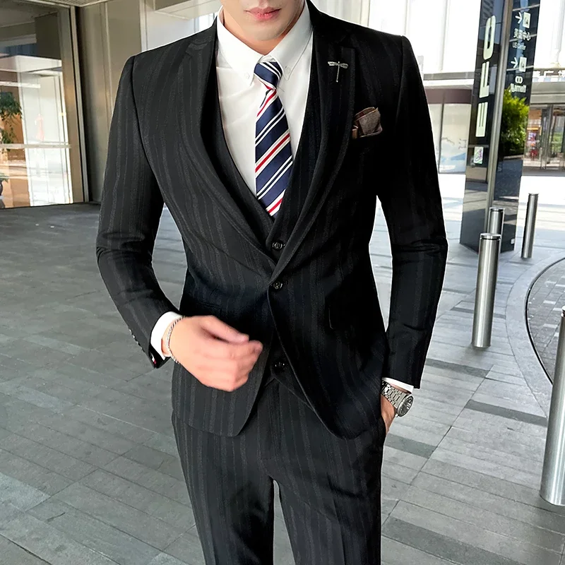 3 Pcs Set Blazers Jacket Pants Vest / 2023 Fashion Men\'s Casual Boutique Business Striped Groom Wedding Suit Trousers Waistcoat