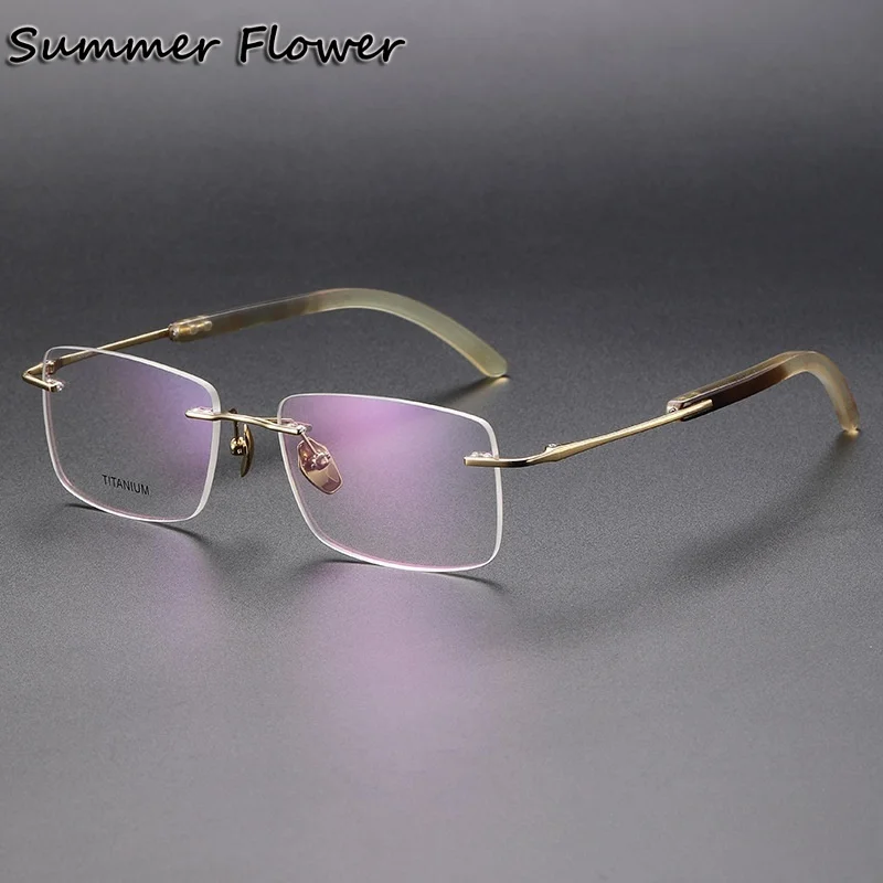 

142 mm Gentlemen Rimless Glasses High End Top Quality Pure Titanium OX Horn Frameless Eyewear Man Prescription Lens Customize
