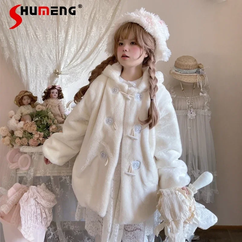 

Japanese Lolita Fall Winter Plush Warm Coat Thick Top Girls Plush Sweet Cute Long Sleeves Single-breasted White Faux Fur Jacket