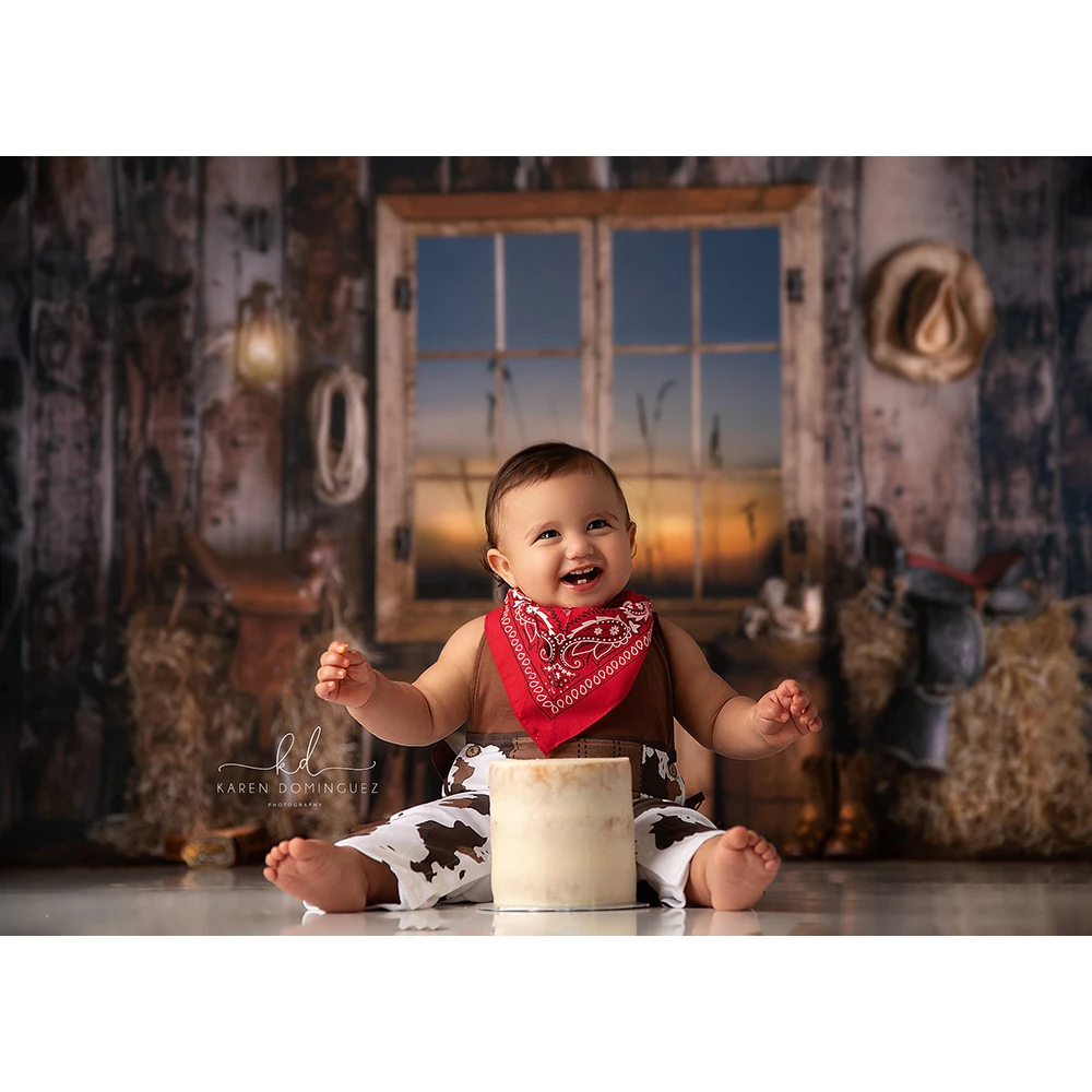 Buckin Bronco Farm Cowboy Photo Background Kids Birthday Cake Smash Photography Backdrop Retro Countryside Photo Studio Props