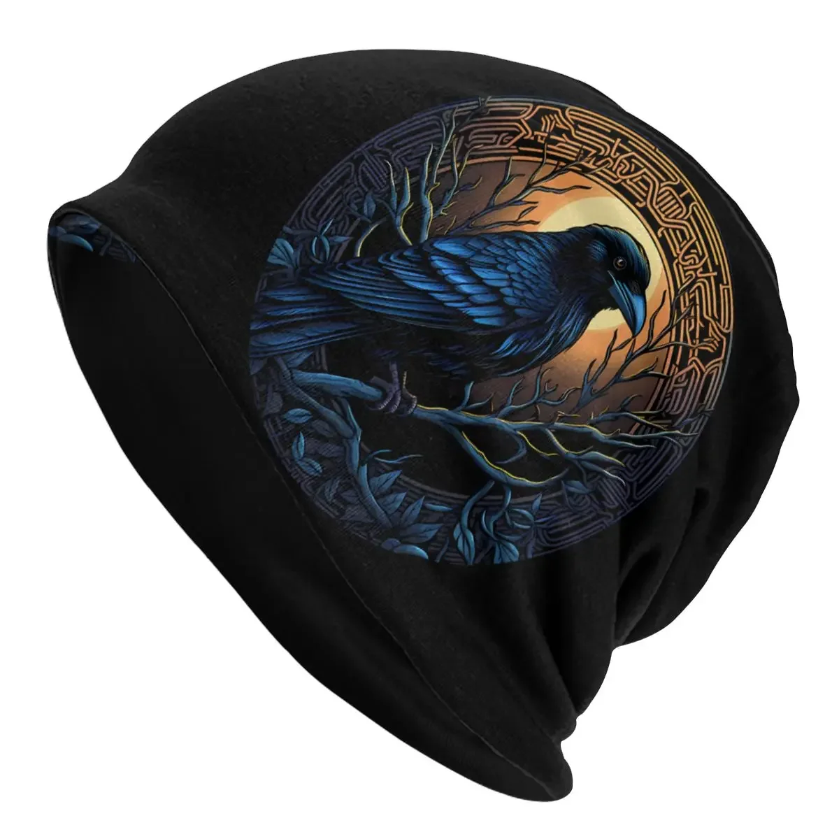 Blue Sunset Outdoor Beanie Caps Viking Black Raven Crow Huginn Muninn Skullies Beanies Ski Caps Soft Thin Bonnet Hats