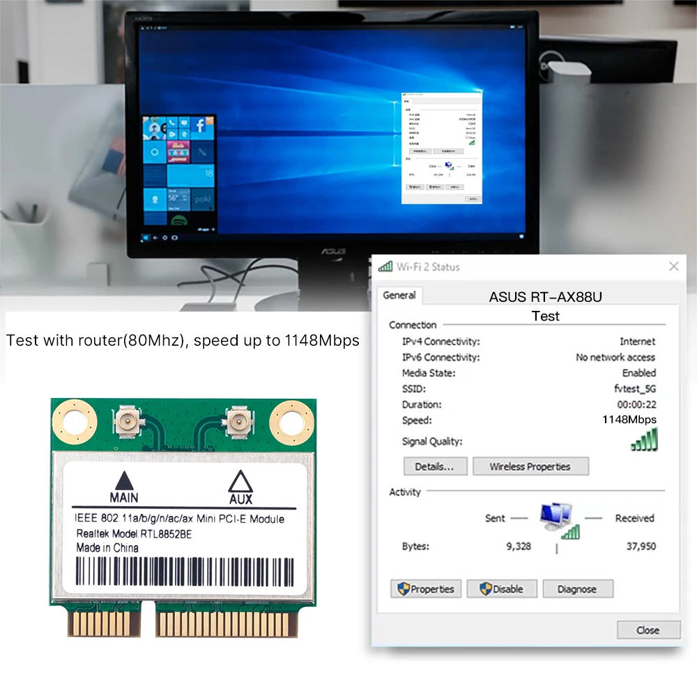 fenvi WiFi 6 RTL8852BE ミニ PCI-E ネットワークカード Bluetooth 5.2 AX1800 デュアルバンド 2.4 グラム/5GHz Wlan ワイヤレスアダプタ Windows 10/11 用