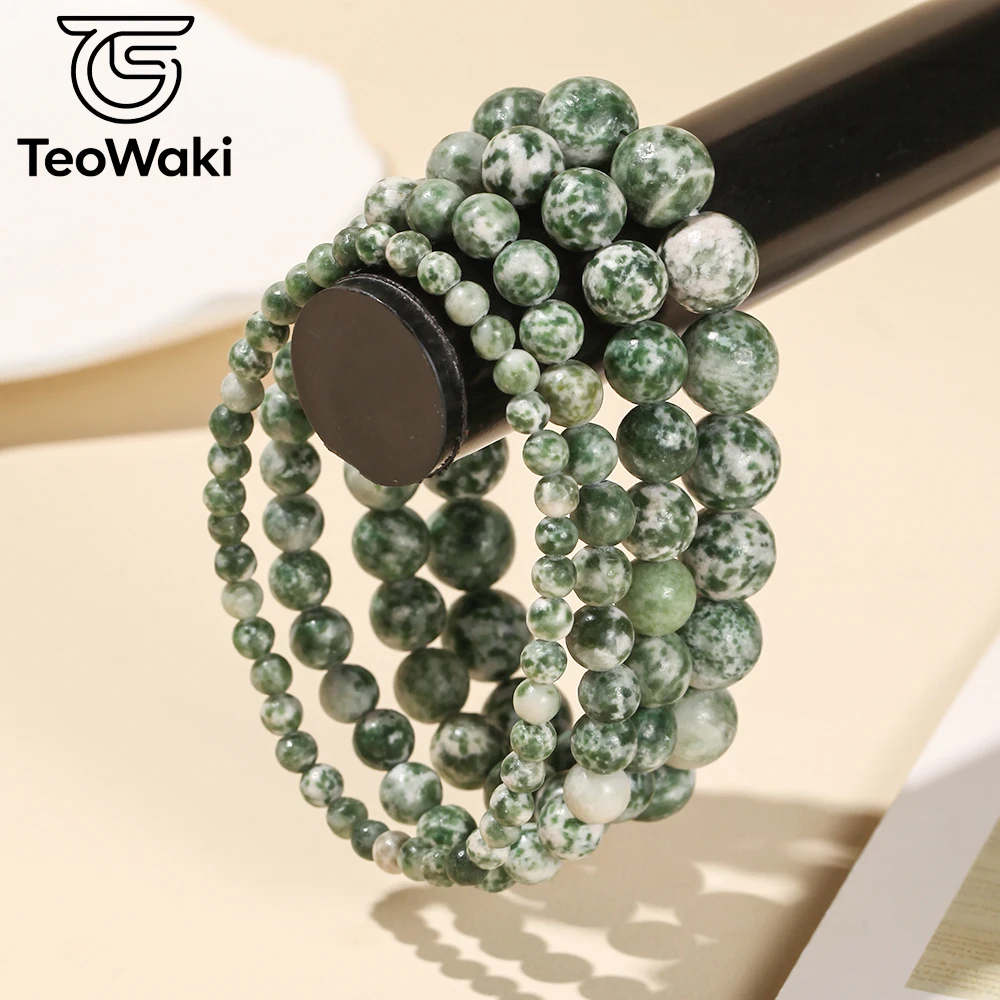TeoWaki Natural Green spot stone Beaded Elastic Bracelet Relieve Pressure and Negative Emotions for Women and Men 4/6/8/10mm
