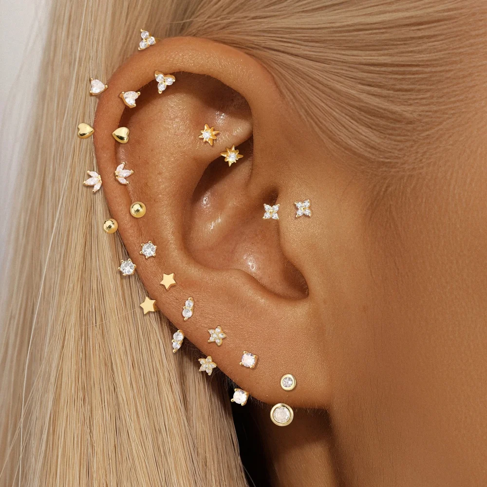ROXI 1PC Gold S925 Silver Tiny Floral Star Tragus Stud Multi CZ Cartilage Piercing Ins Chic Earring Daily Party Wear