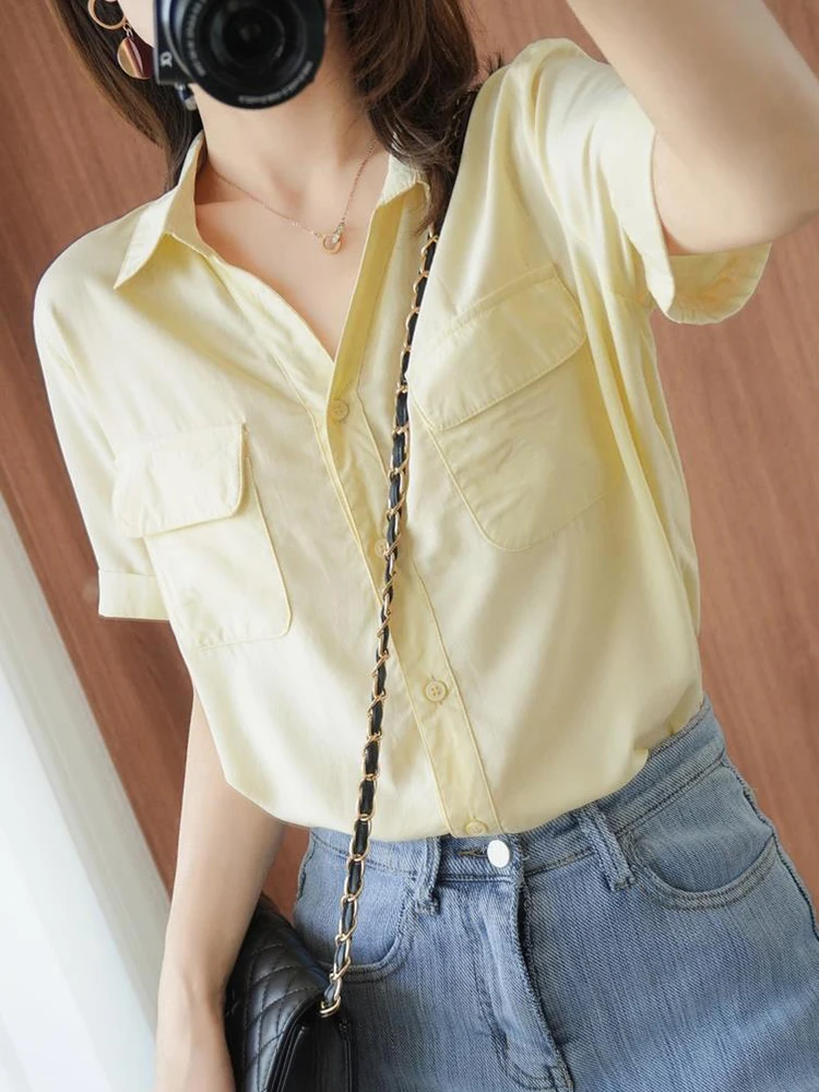 Zoki Elegant V Neck White Shirt Women Casual Simple Double Pockets Blouse Korean Fashion Loose Short Sleeve Office Lady Tops New