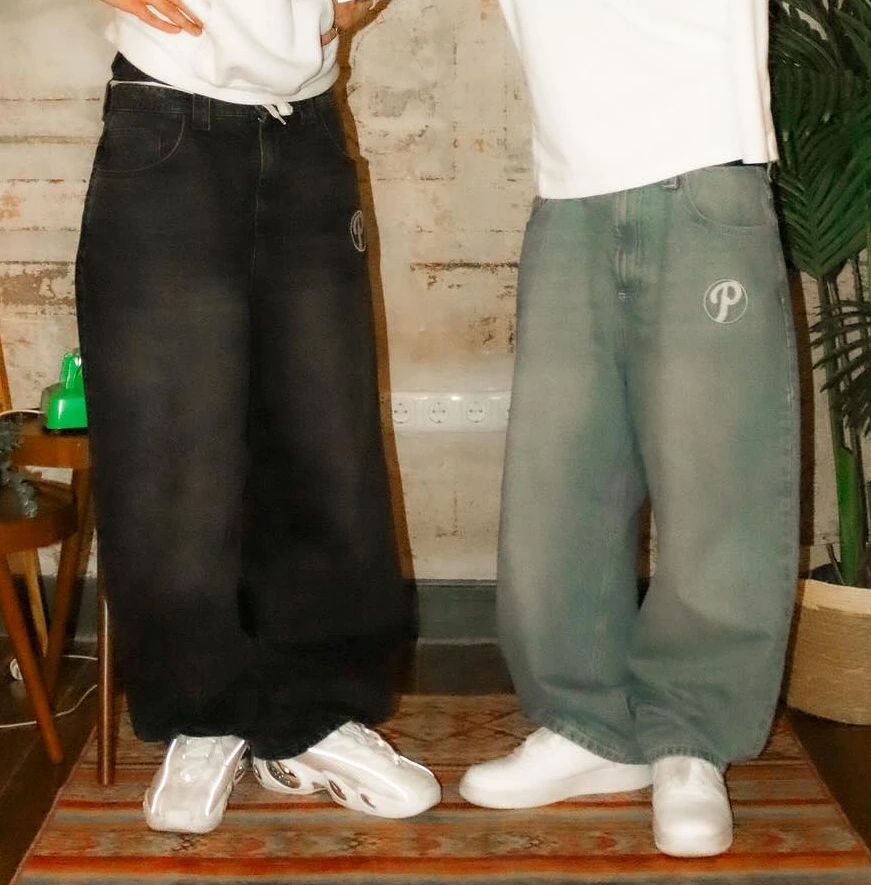 Retro lässig Männer Kleidung schwarz Baggy Jeans y2k Hip Hop Harajuku Stick muster gerade weites Bein Hosen vielseitige Streetwear