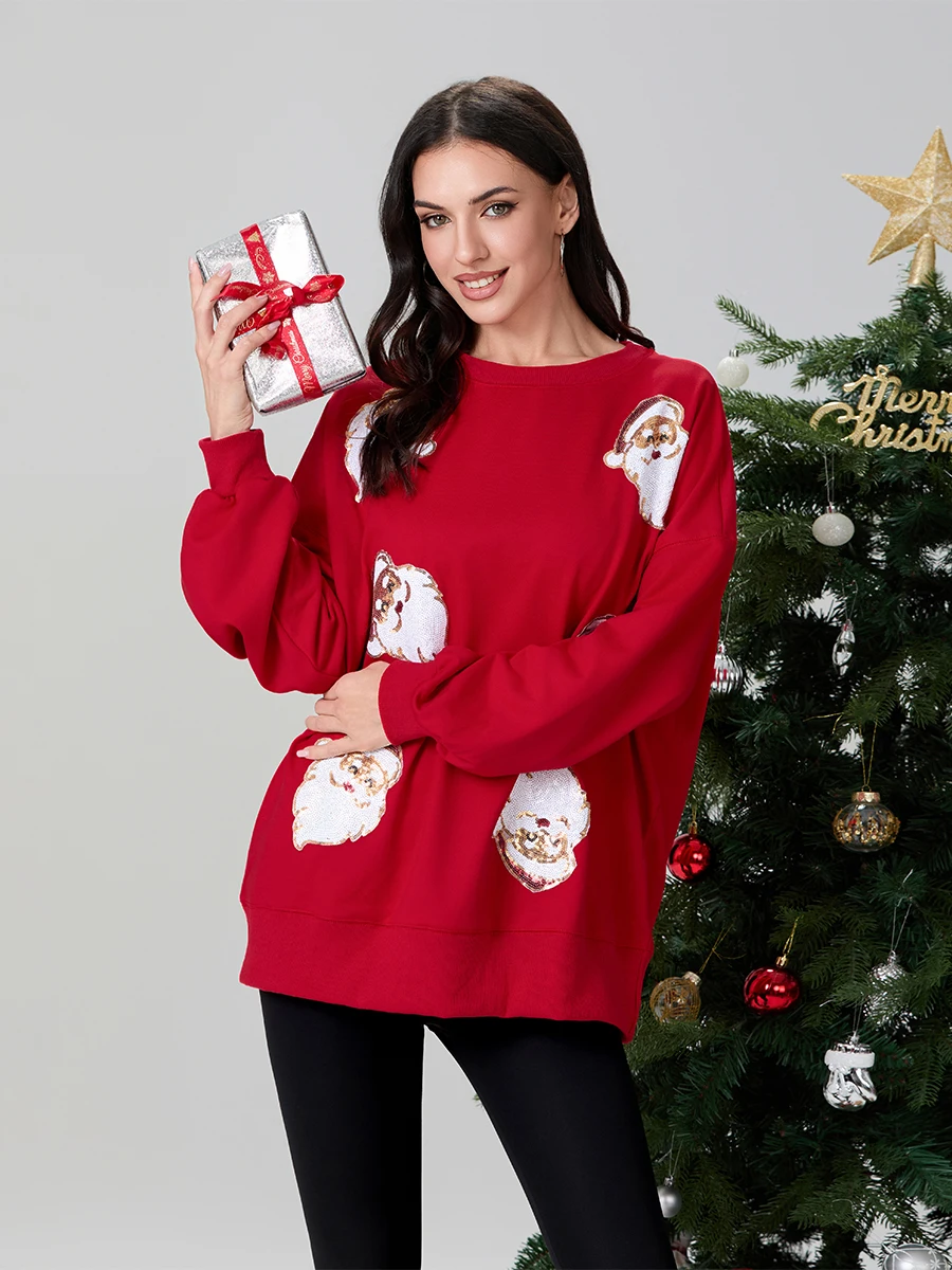 Women s Christmas Sweatshirts Sequin Santa Claus Pattern Long Sleeve Crew Neck Loose Fit Casual Pullovers