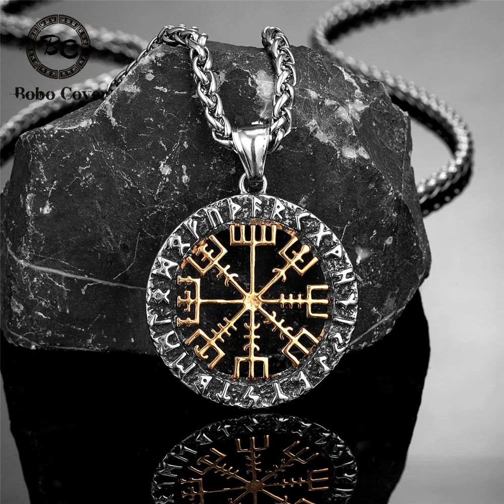 Viking Compass Norse Runes Necklace Men Gold Color Stainless Steel Vegvisir Pendant Never Fade Vintage Male Scandinavian Jewelry