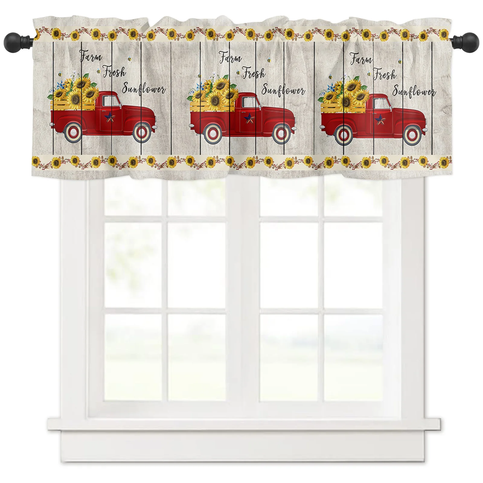 Kitchen Living Room Small Window Valance Fram Fresh Sunflower Red Pickup Truck with Yellow Rustic Wooden Board Retro Car 1 Panel