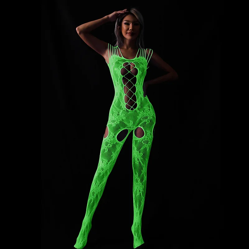 Luminous Fishnet Stockings Women Erotic Lingerie Mesh Tights High Waist Stockings Perspective in The Dark Luminous Bodysuit