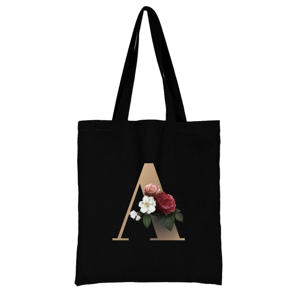 26 English Letters A Z Floral Print Canvas Bag Harajuku Single Shoulder Hand Held Shopping Bag Black Fashion Reusable Tote Bag