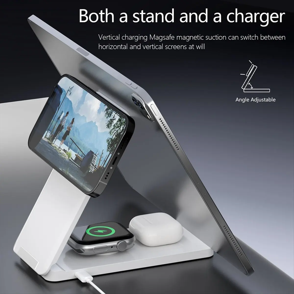 DT1169 Mon.Foldable Multi-Functional Vertical Stand Magnetic Wireless Charger Suitable for Mobile Phones Watches Headphone Black