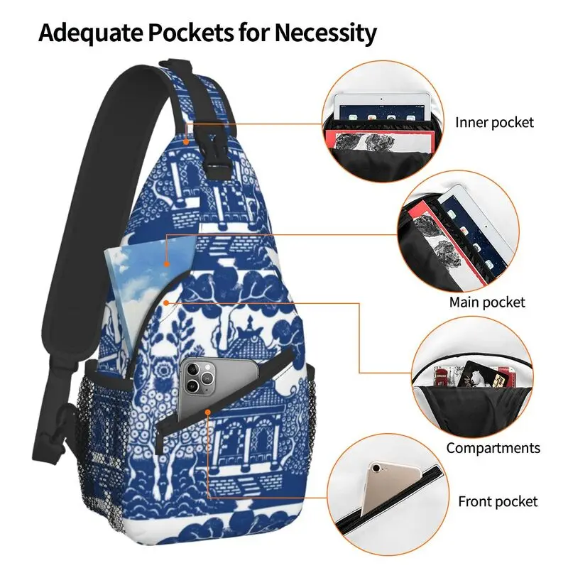 Azul fresco salgueiro chinoiserie azul e branco porcelana inspiração crossbody sling mochila masculino ombro peito saco para viajar