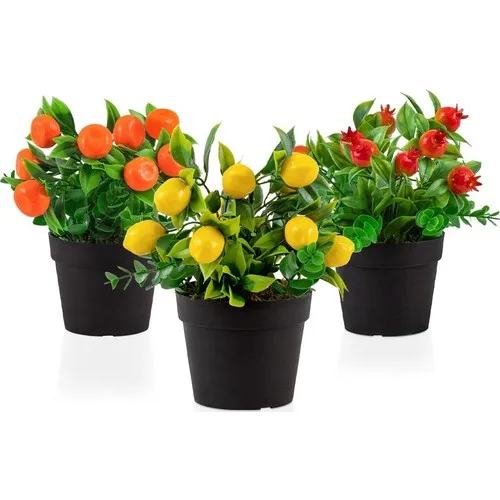 Çiçekmisin 3'lü Set Black Mini Plastic Tubs Artificial Mandarin, Lemon and Pomegranate Flower