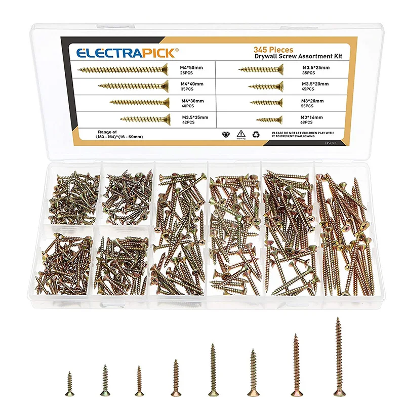 

345pcs Cross Phillips Flat Countersunk Fibreboard Head Self-tapping Screws Furniture Zinc Coated Wood Screw M3-M4