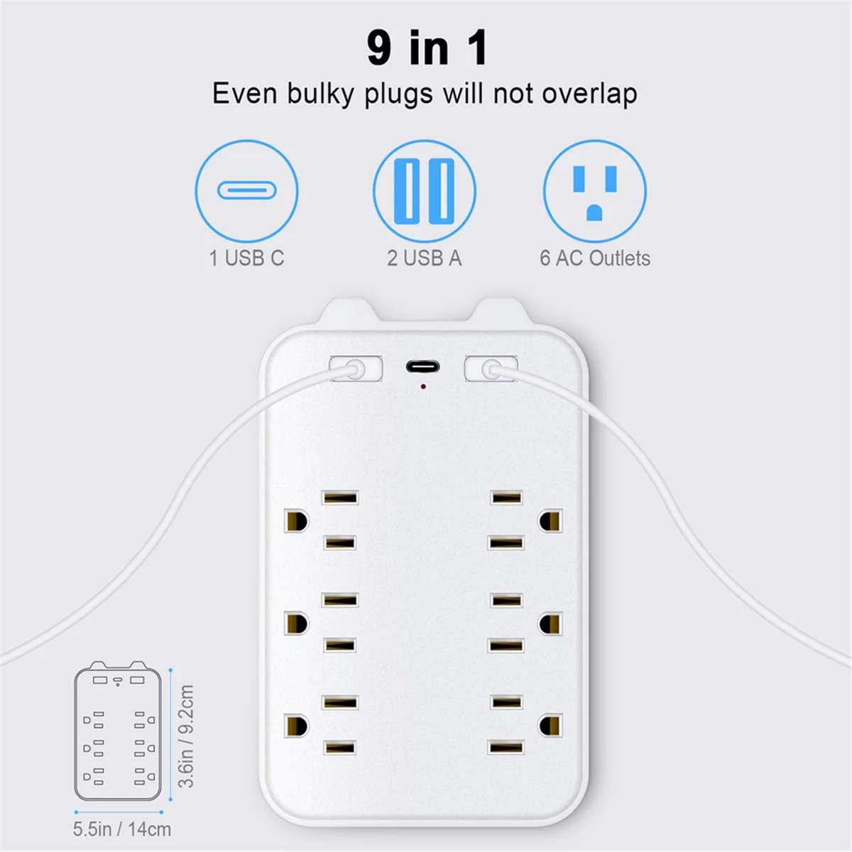 Protector contra sobretensiones 9 en 1, extensor de 6 salidas con 3 puertos USB, tomas de corriente, adaptador de pared, enchufe estadounidense espaciado
