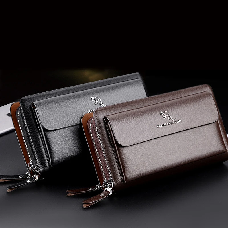 YUESKANGAROO Men Clutch Bag Fashion Long Purse Double Zipper Business Wallet Male Casual Bag