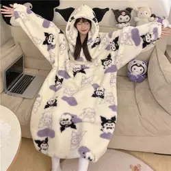 Sanrios Kuromi Pajama Skirt Anime Cartoon Woman Autumn Winter Plush Robe Home Wear Keep Warm Girl Long Style Oversized Nightgown