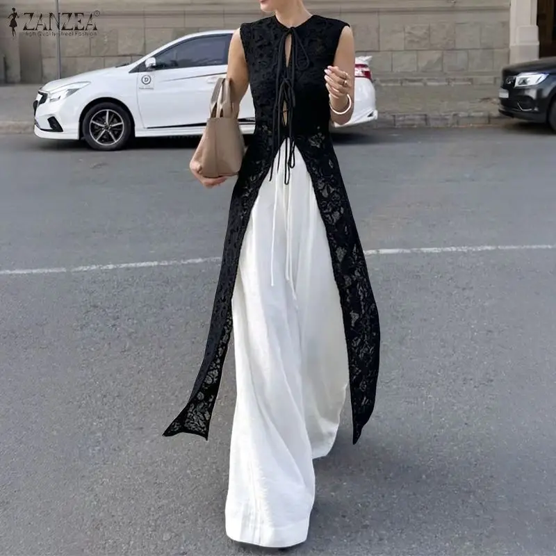 

ZANZEA Fashion Women Lace Cardigan Summer Sleeveless Long Tops Party Blouses Lace-up Blusas Streetwear Solid Tee 3XL Oversize