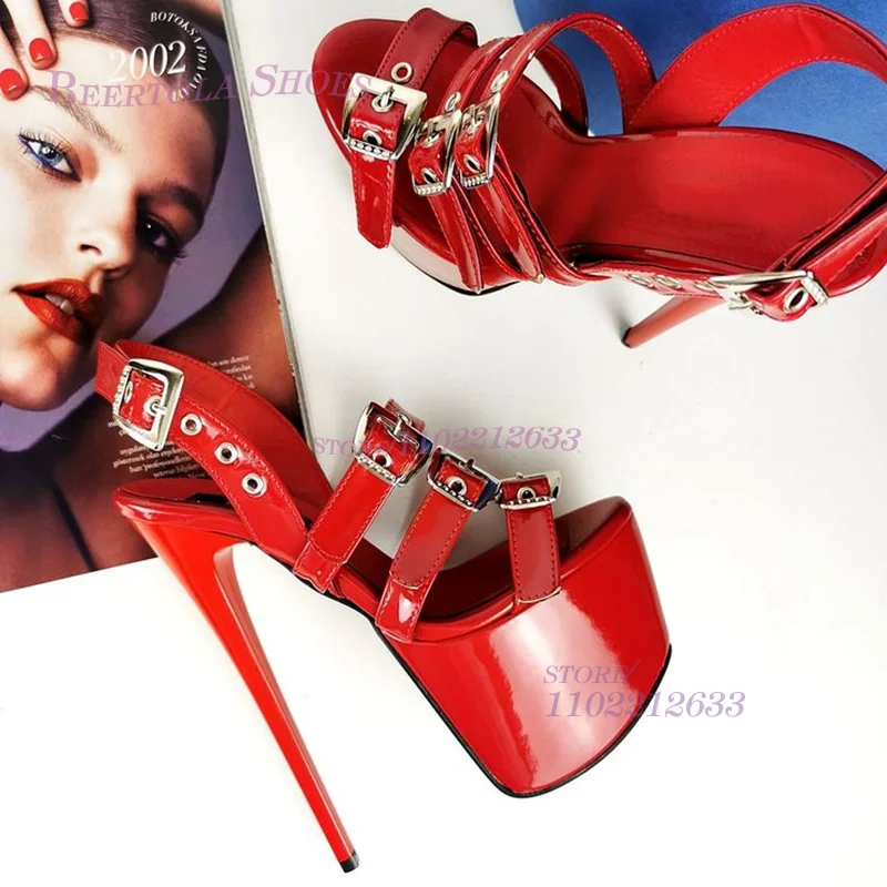 Bright Red Belt Buckle Striped Hollow Sandals Women Platform Sexy Stilettos Rose Open Heels Pole Dance Shoes Metal Back Strap