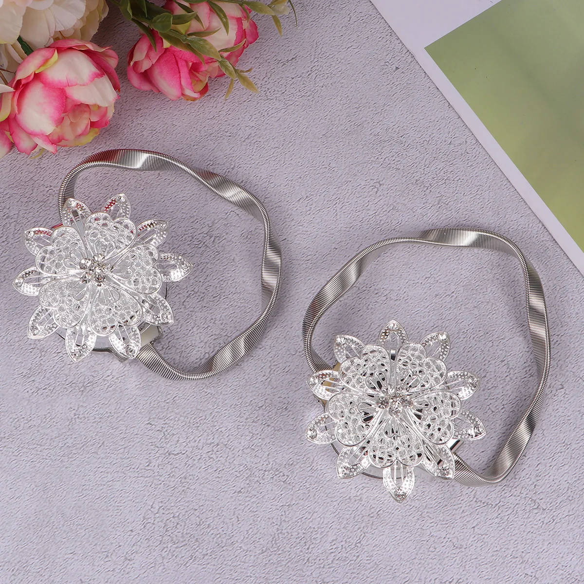 

2Pcs Curtain Tiebacks with Magnet Strong Hold Back Window Shower Door Curtains Detach for Bedroom Study Room Silver