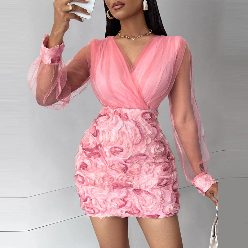 2024 Sommer Blumenmuster schiere Mesh Patch Party kleid