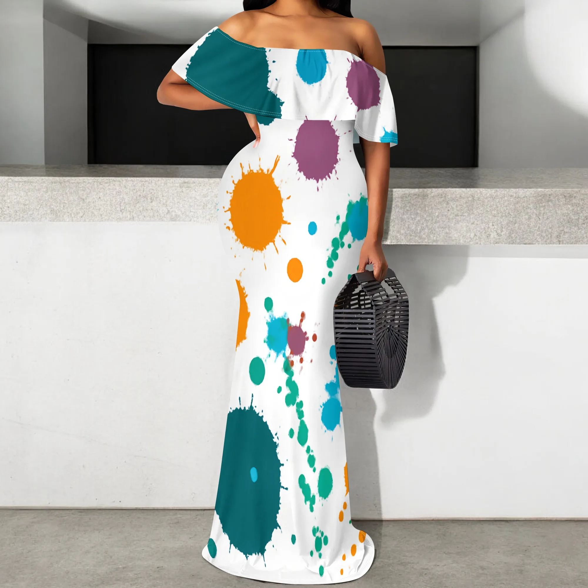 

Multicolor Paint Splash Maxi Dress S‑3XL Off Shoulder Bodycon Style for Art Show, Summer Party or Pride Streetwear Look