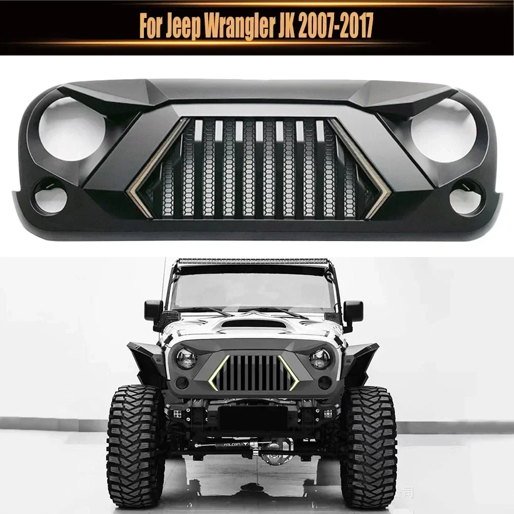 

ABS Mesh Grills Upgrade Upper Grid Front Bumper Cover With DRL Light Thanos Style Modified Grille For Jeep Wrangler JK 2007-2017