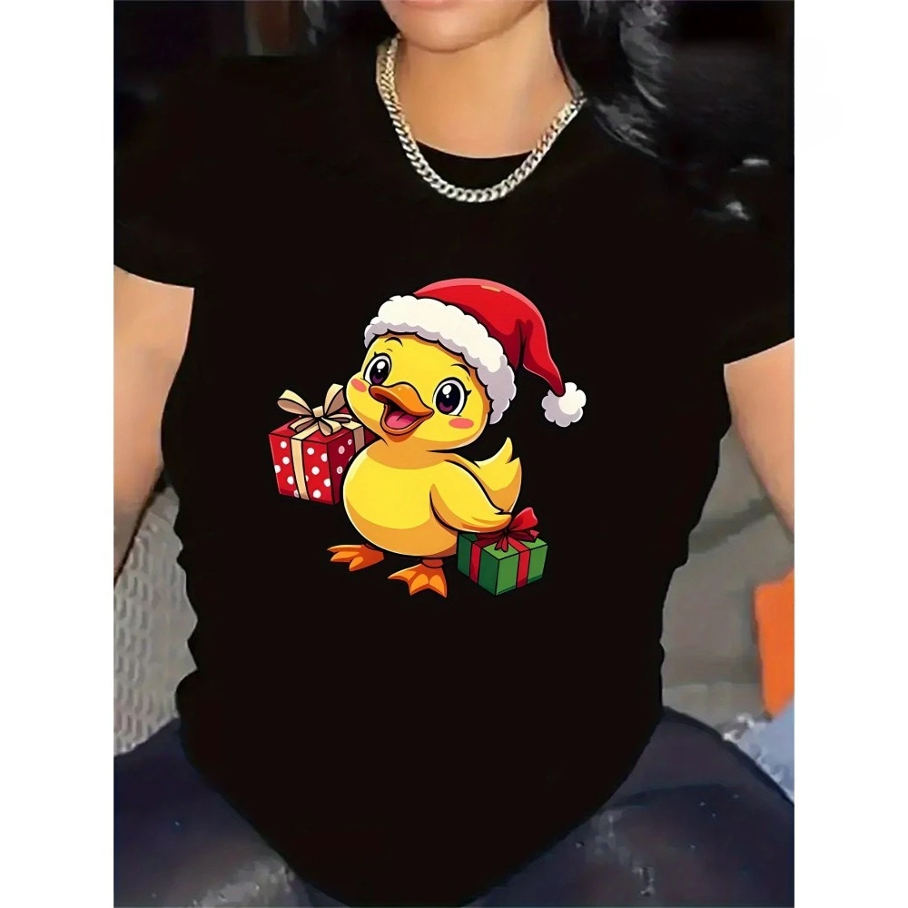 

Women's Christmas Duck Print T-Shirt Cute Yellow Duckling in Santa Hat Lightweight Top for Holiday Parties Graphic T Shirts Tops