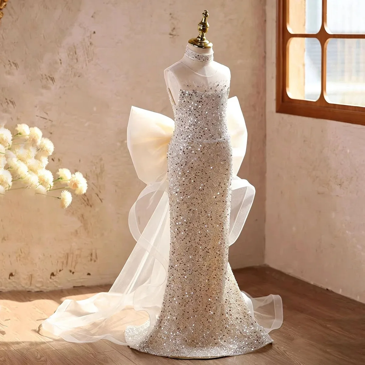 2026 Luxurious Custom Sequin Flower Girl Dress High Neck See-through Mesh Bow Tail Fishtail Skirt Girls Formal Occasion Dress