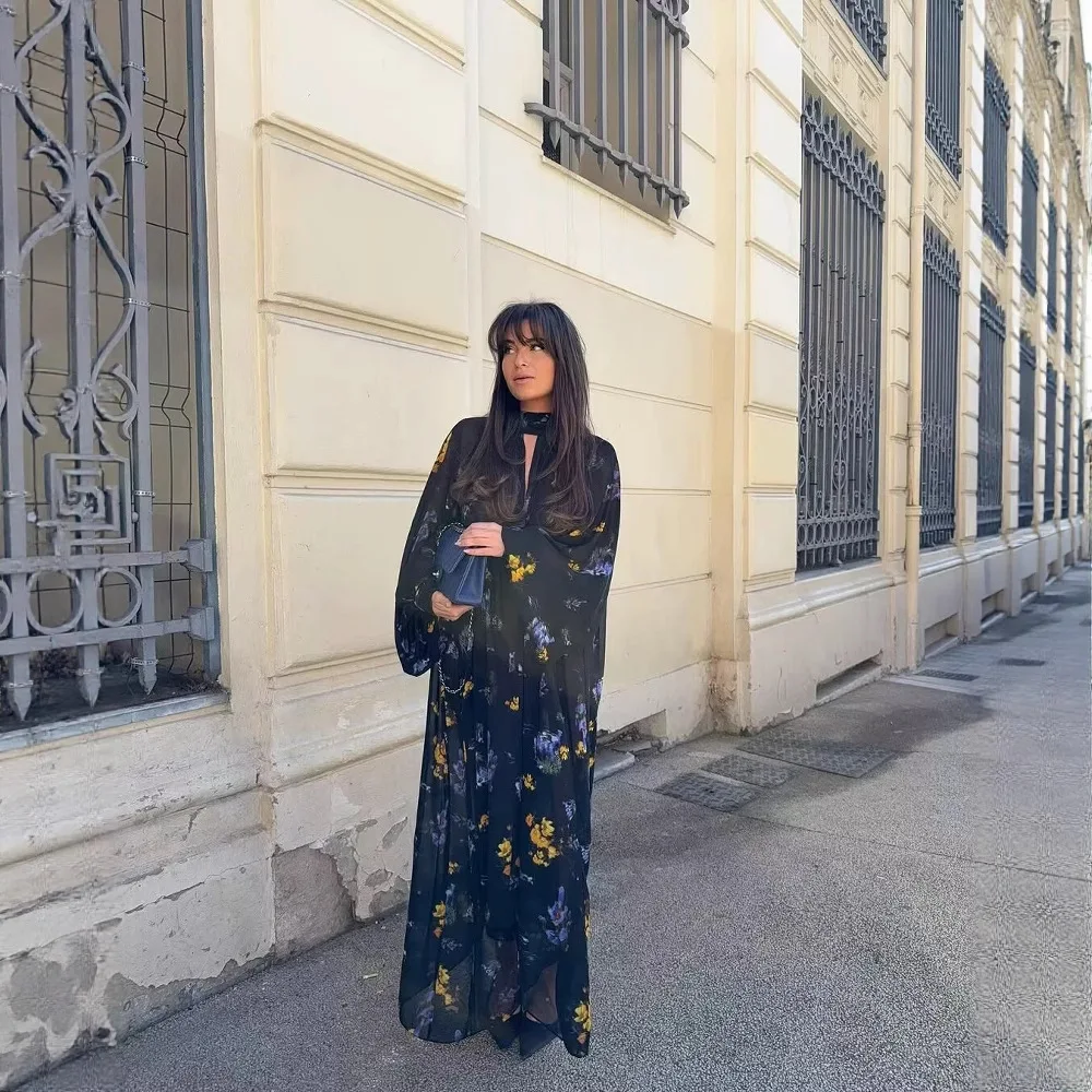 

Elegant Printed Boho Long Dresses Women Loose Chic Turtleneck Lantern Sleeve Floral Robes 2025 Spring Summer Lady Vacation Dress