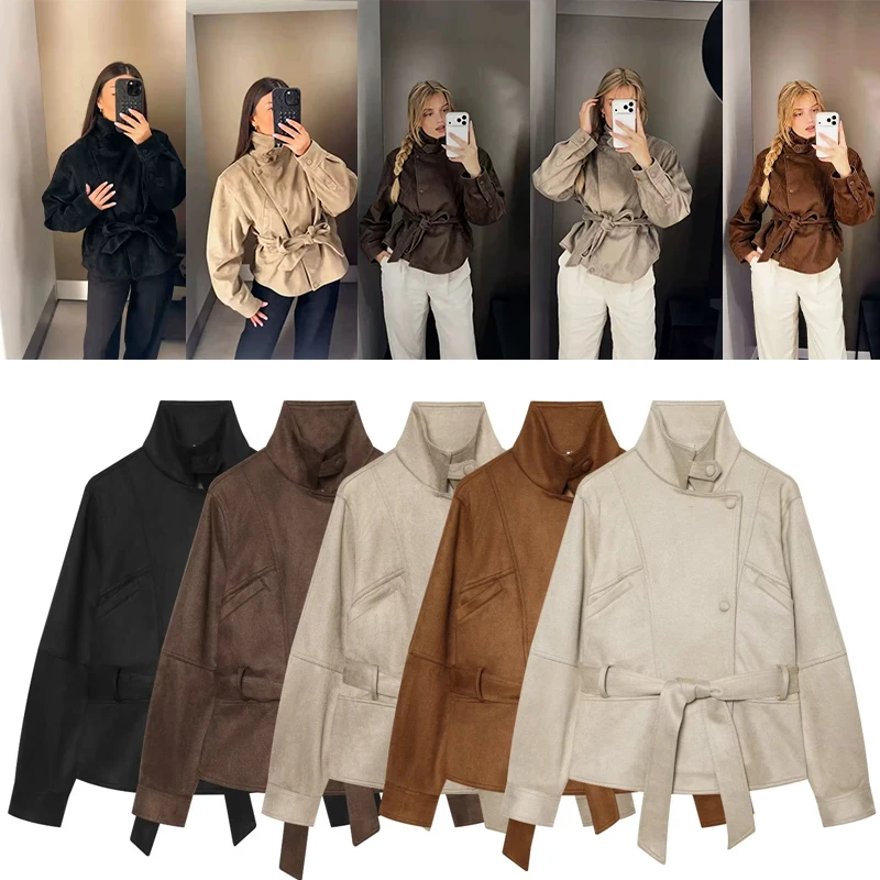 Women's Stand Collar Suede Effect Coat Long Sleeve Belt Waist Cropped Jacket Multi Colors Fall Fashion Outerwear