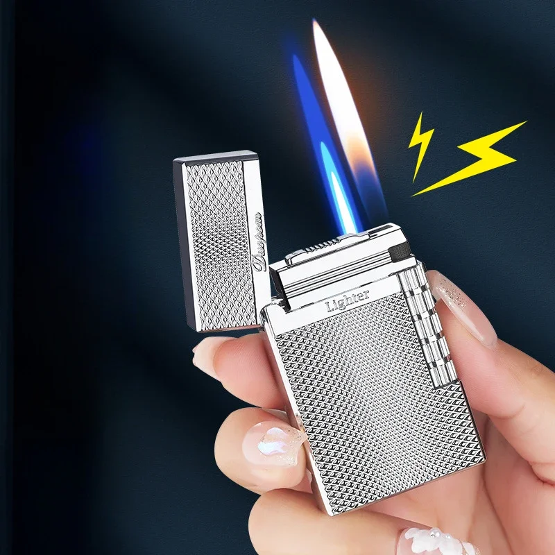 Retro Double Flame Switch Butane Gas Lighter, Metal, Creative Grinding Wheel Side-sliding Lighter, Personalized Gift for Men