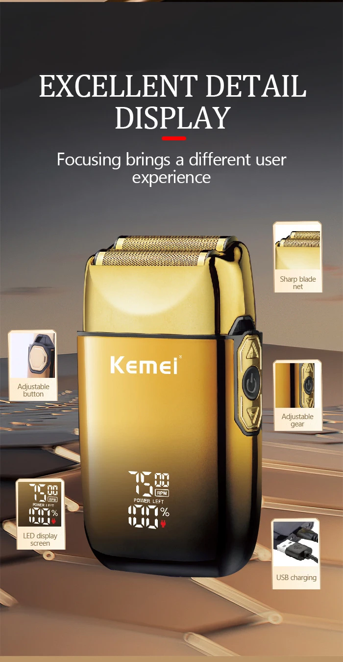 Kemei TX10 Wiederaufladbarer Elektrorasierer mit Metallgehäuse für Männer, Haar- und Bartschneider, Elektrorasierer für Glatzenrasur, Finishing-Fade-Funktion – Detail 7