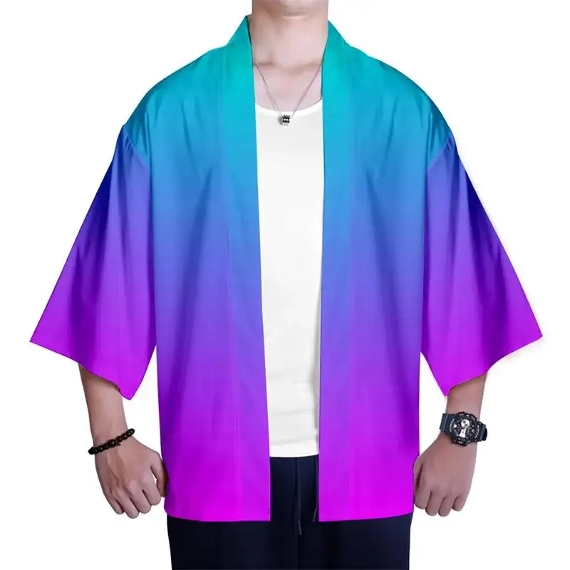 Japanische bunte Farbverlauf Kostüm 3D-Druck Kimono-Shirt Hip-Hop-Männer Sieben-Punkt-Ärmel Tops Regenbogen Strickjacke Jacke Streetwear