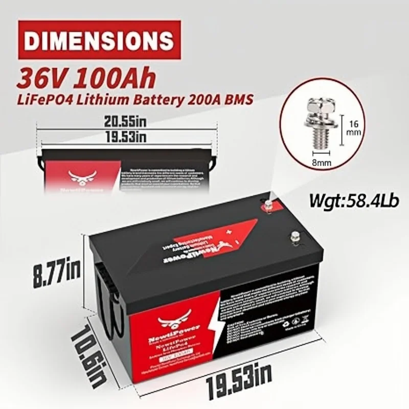 36V 100Ah Golf Cart LiFePO4 Lithium Battery 200A BMS,NewtiPower 10000+ Deep Cycle Lithium Iron Phosphate Battery Great for Golf Cart, RV, Marine and Off Grid Applications