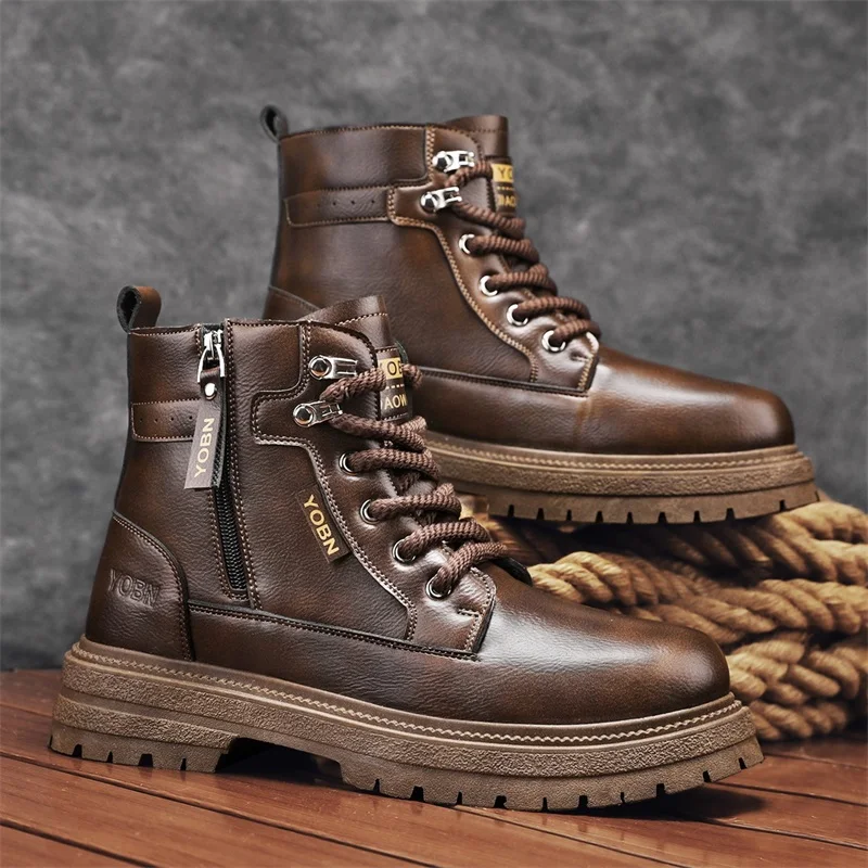 

Hot Sale Brown Biker Boots Man Outdoor Working Shoes Comfortable Leather Men Motorcycle Shoes Casual Platform Men's Ankle Boots